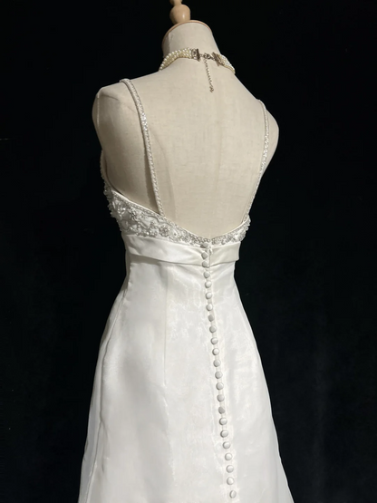 Vestido de novia único, corte A, tirantes finos, largo, blanco, años 70, estilo vintage, DH1145