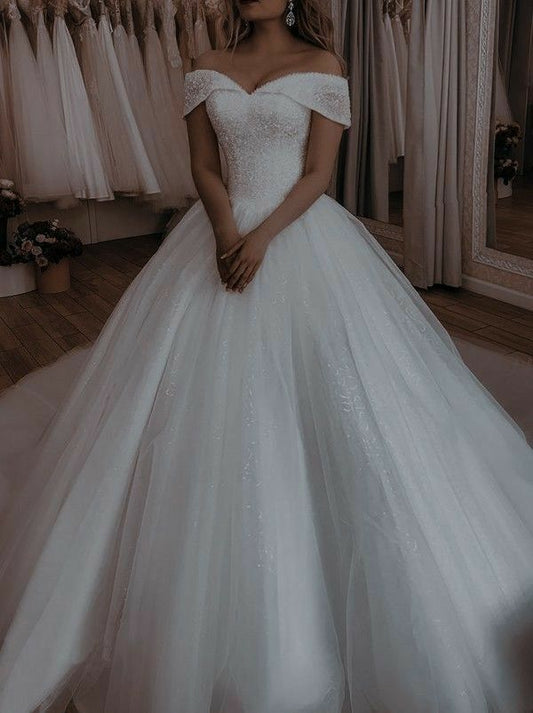 Vestido de novia único, vestido de fiesta, hombros descubiertos, tul, mangas cortas, blanco, vestidos de novia vintage DH1213