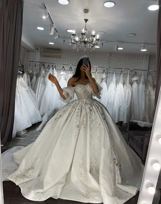 Vestido de novia único, de fiesta, con hombros descubiertos, blanco, de manga corta, de encaje, estilo vintage, DH1214