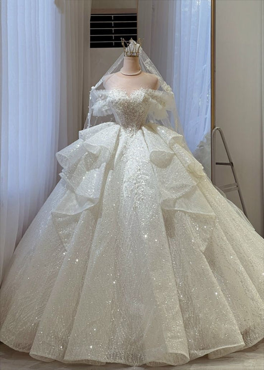 Vestido de novia único, vestido de fiesta con hombros descubiertos, blanco, mangas cortas, lentejuelas, vestidos de novia vintage DH1215