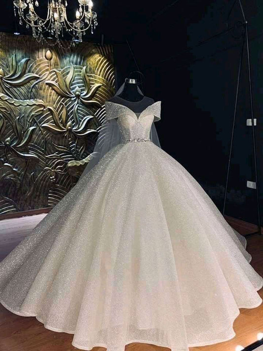 Vestido de novia único, vestido de fiesta con hombros descubiertos, blanco, mangas cortas, lentejuelas, bonitos vestidos de novia DH1216