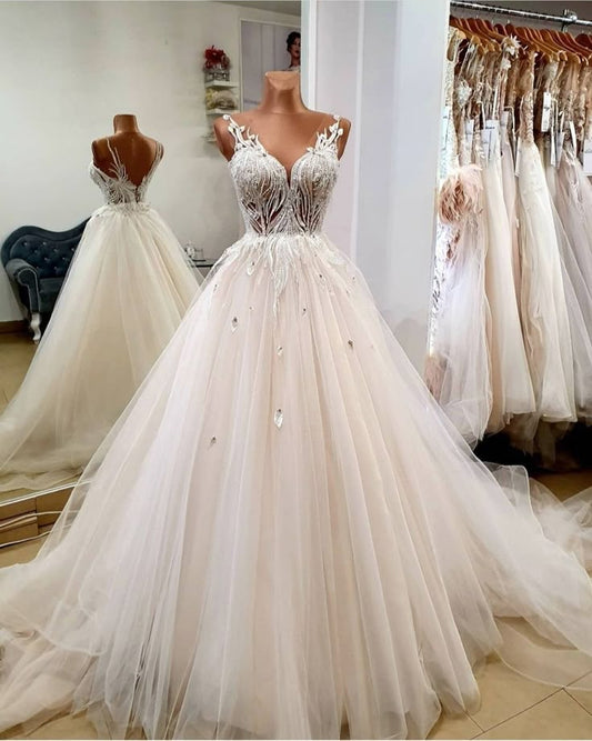 Vestido de novia princesa, vestido de baile, escote en V, apliques de encaje, sin mangas, tul blanco, vestidos de novia de ensueño DH1217