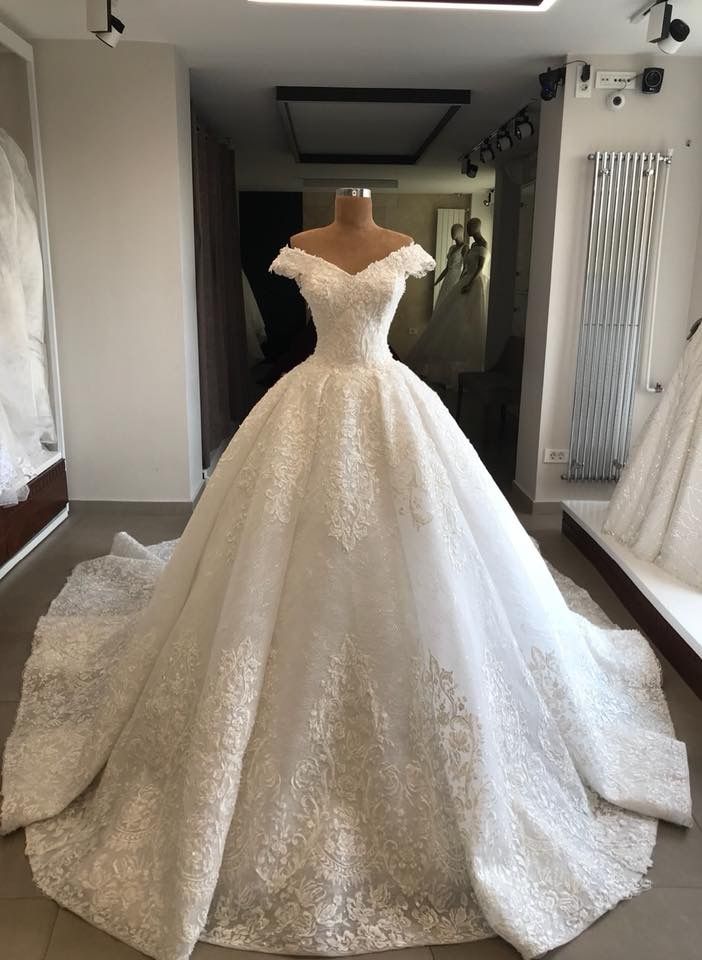 Vestido de novia único, vestido de fiesta, hombros descubiertos, blanco, manga corta, encaje, vestidos de novia, bonitos vestidos de novia DH1218