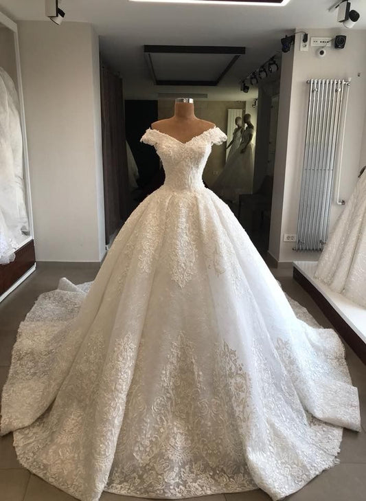 Vestido de novia único, vestido de fiesta, hombros descubiertos, blanco, manga corta, encaje, vestidos de novia, bonitos vestidos de novia DH1218