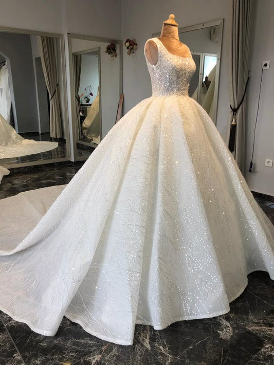 Vestido de novia único, vestido de fiesta, escote cuadrado, vestidos de novia con lentejuelas blancas, bonitos vestidos de novia DH1220