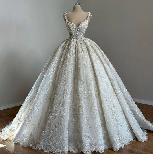 Vestido de novia único, vestido de fiesta con tirantes y cuello de lentejuelas blancas, bonitos vestidos de novia DH1222