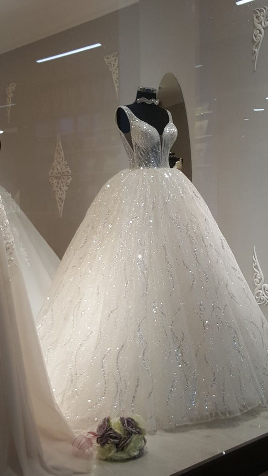 Vestido de novia único, vestido de fiesta con tirantes y cuello de lentejuelas blancas, bonitos vestidos de novia DH1224