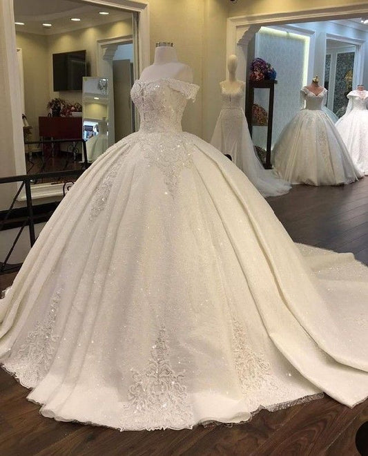 Vestido de novia princesa, vestido de baile, hombros descubiertos, encaje blanco, vestidos de novia de ensueño DH1225
