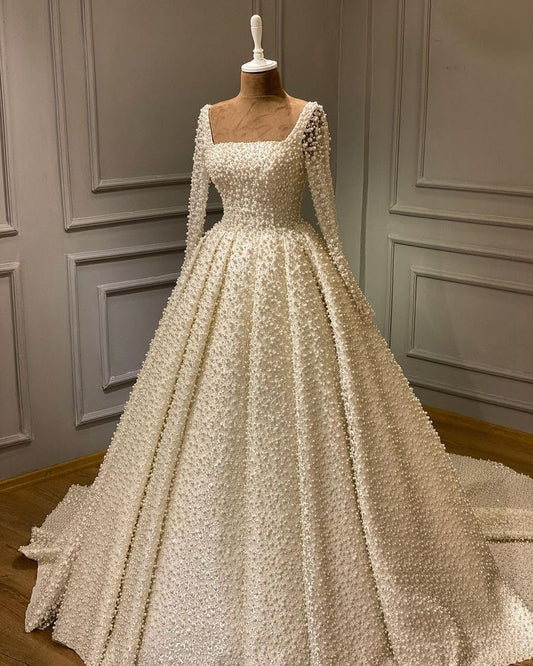 Vestido de novia único, vestido de fiesta, escote cuadrado, perlas blancas, mangas largas, vestidos de novia, bonitos vestidos de novia DH1226