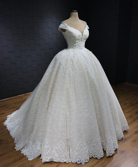 Vestido de novia princesa, vestido de baile, hombros descubiertos, encaje blanco, vestidos de novia de ensueño DH1228