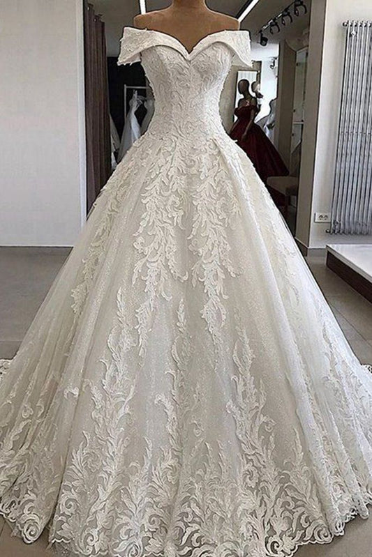 Vestido de novia princesa, vestido de gala con hombros descubiertos, encaje blanco, vestidos de novia de ensueño DH1229