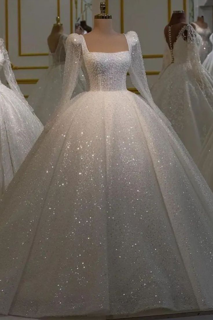 Vestido de novia único, vestido de fiesta, escote cuadrado, lentejuelas blancas, mangas largas, vestidos de novia, bonitos vestidos de novia DH1231