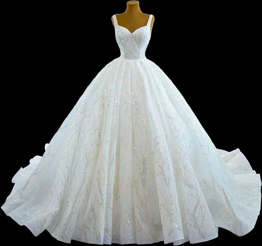 Vestido de novia clásico con tirantes finos y lentejuelas blancas, largo, de ensueño, DH1232