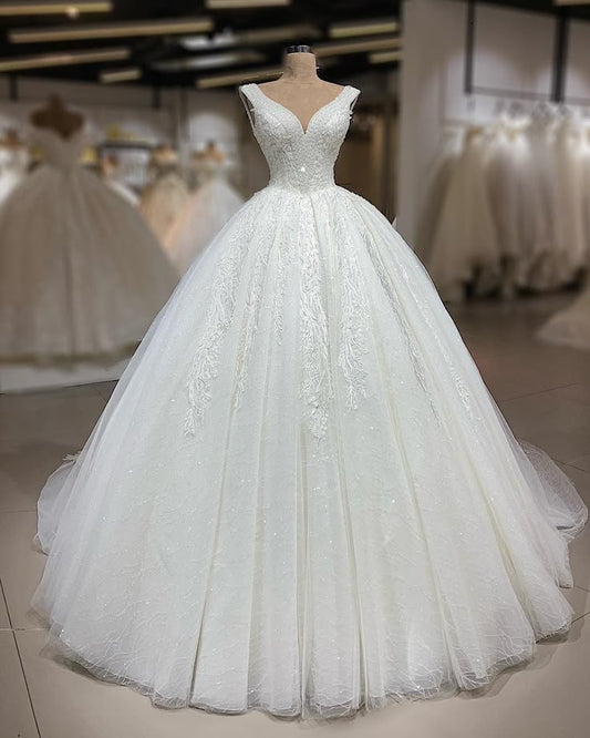 Vestido de novia clásico, corte evasé, escote en V, tul blanco, encaje, largo, de ensueño, DH1233