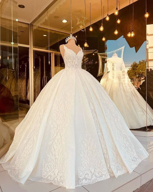 Vestido de novia clásico, corte evasé, escote en V, tul blanco, encaje, largo, de ensueño, DH1234