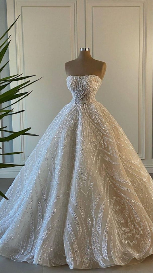Vestido de novia único, vestido de fiesta sin tirantes, blanco, con lentejuelas, largo, bonitos vestidos de novia DH1235