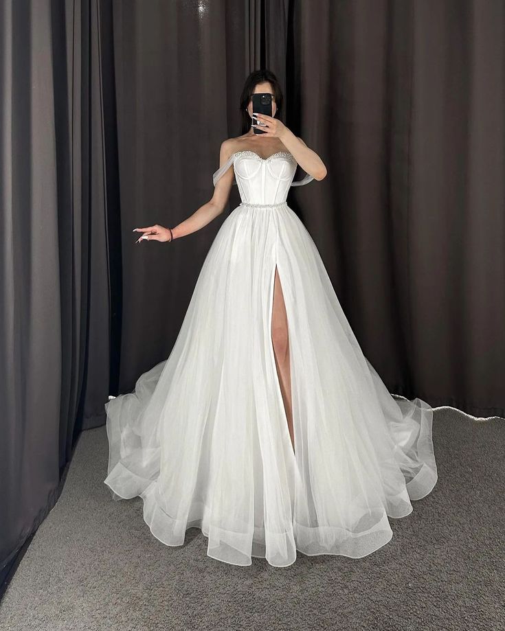 Vestido de novia único, corte A, hombros descubiertos, tul blanco, largo, bonitos vestidos de novia DH1238