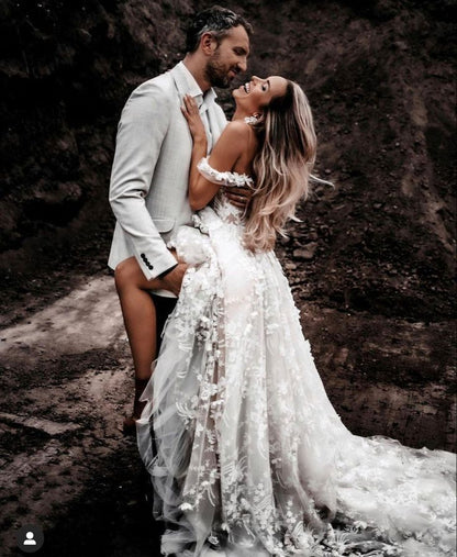 Vestido de novia único, corte A, hombros descubiertos, tul blanco, encaje, largo, bonitos vestidos de novia DH1250
