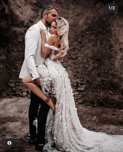 Vestido de novia único, corte A, hombros descubiertos, tul blanco, encaje, largo, bonitos vestidos de novia DH1250