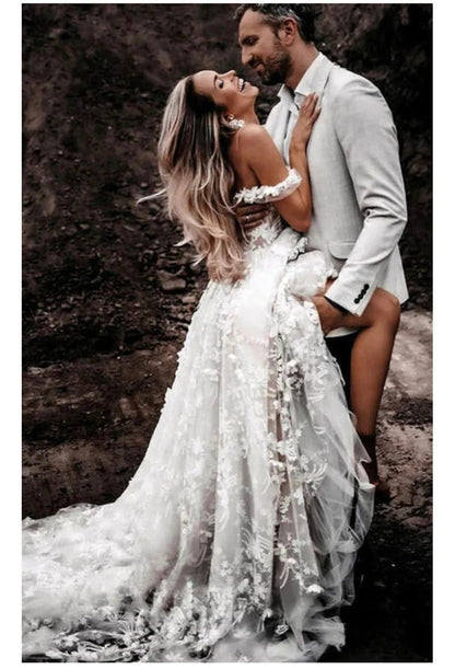 Vestido de novia único, corte A, hombros descubiertos, tul blanco, encaje, largo, bonitos vestidos de novia DH1250