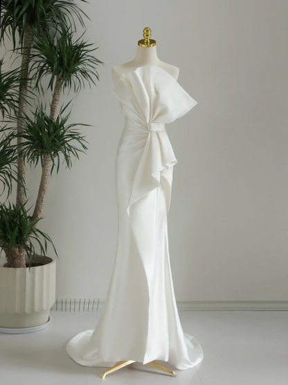 Vestido de novia clásico de sirena sin tirantes, de satén blanco, largo, sencillo, DH1285