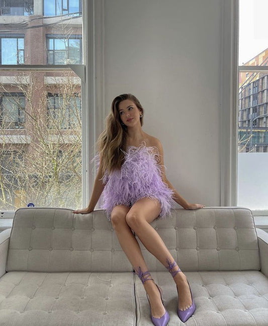 Cute A Line Strapless Lilac Feathers Mini Short Formal 7th Grade Homecoming Dresses Middle School Short Prom Dress Hoco Outfits DH1374