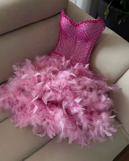 Trendy Sheath Sweetheart Pink Beads Feathers Sequin Mini Short Formal 7th Grade Homecoming Dresses Middle School Short Prom Dress Hoco Outfits DH1392