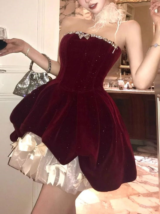 Precioso vestido de fiesta corto sin tirantes de terciopelo burdeos, minivestido formal para séptimo grado, vestido de fiesta corto para escuela secundaria, atuendos de cóctel DH1395