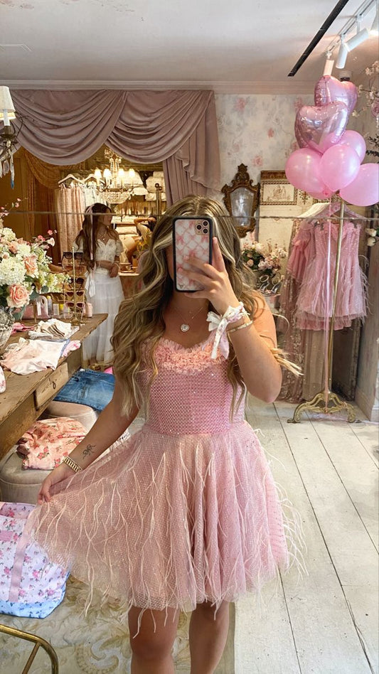 Lindo vestido corto rosa con lentejuelas y corte en A para fiesta de 7.º grado, vestido de graduación corto para escuela secundaria, cóctel, cumpleaños, DH1399