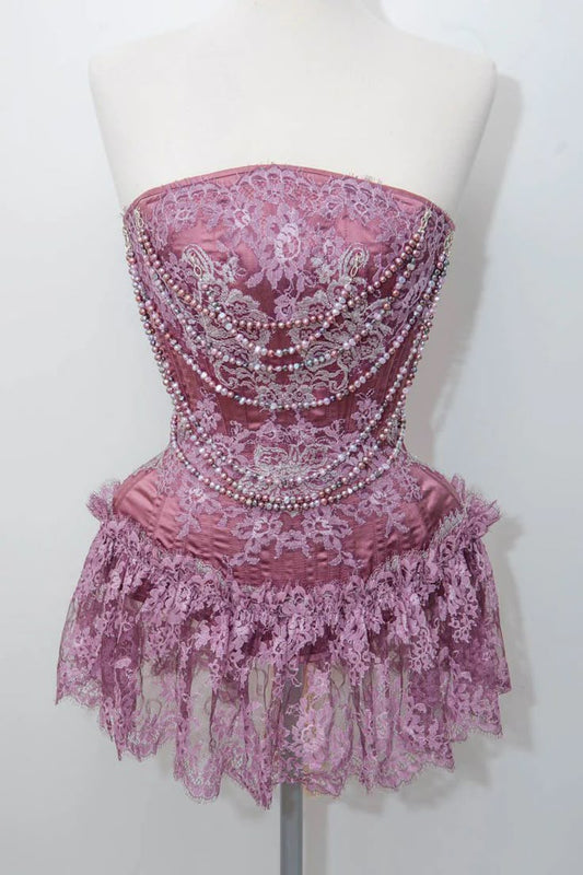 Vestido corto de fiesta para 7.º grado, sin tirantes, de encaje rosa, sin mangas, estilo Hoco Outfits DH1401