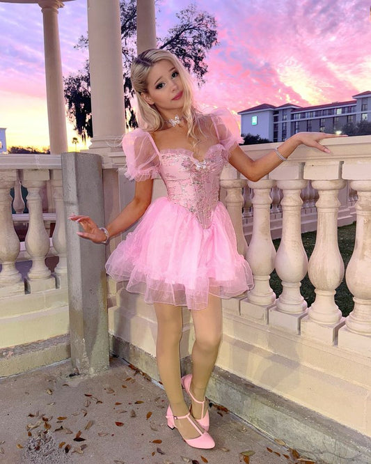 Vestido corto de fiesta de graduación con escote en forma de A, de tul rosa y mangas cortas, para séptimo grado, DH1407
