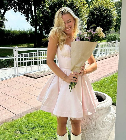 Vestido de fiesta corto de satén rosa con tirantes, único, para 7.º grado, para regreso a casa, para escuela secundaria, DH1411