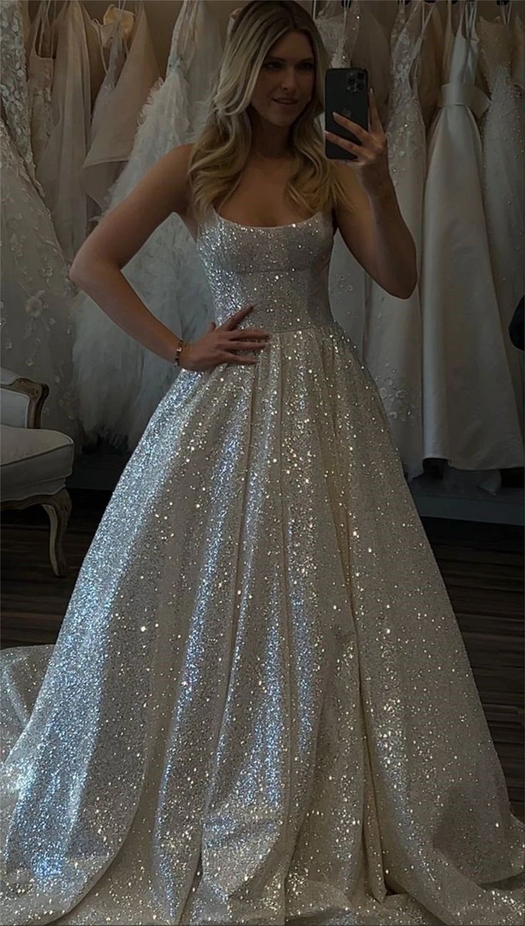 Vestido de novia único, corte A, tirantes finos, lentejuelas blancas, largo, sencillo, DH1511