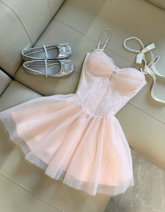 Unique A Line Spaghetti Straps Pink Tulle Short Mini Formal 8th Grade Homecoming Dresses Middle School Cocktail Night Dress Hoco Outfits DH1536