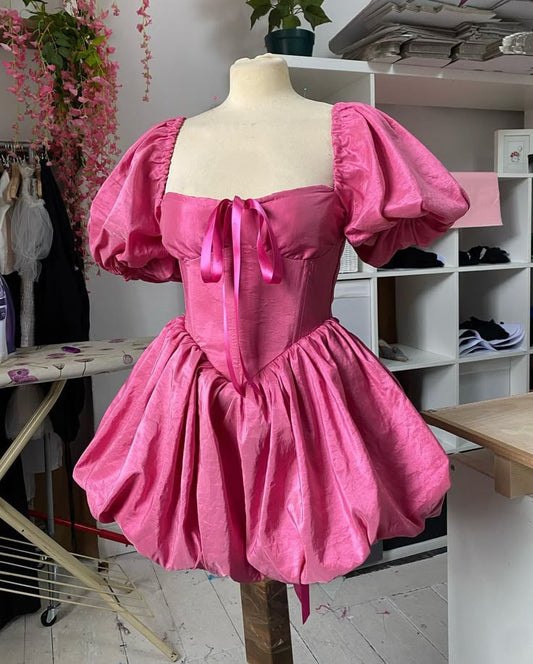 Sexy Ball Gown Square Neck Short Sleeves Taffeta Pink Short Mini Formal 7th Grade Homecoming Dresses Middle School Cocktail Night Dress Hoco Outfits DH1537