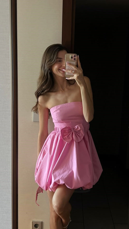 Precioso vestido de fiesta sin tirantes, de satén rosa, corto, mini, formal, para octavo grado, vestido de cóctel para secundaria, trajes Hoco DH1566