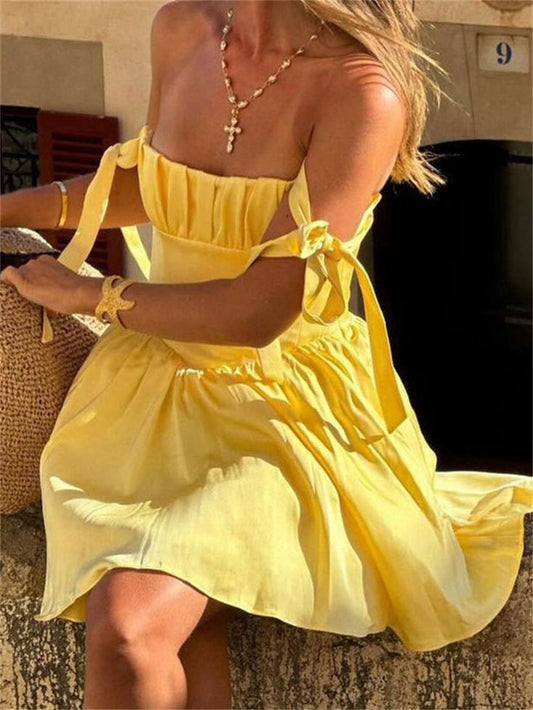 Vestidos de fiesta cortos de satén amarillo con tirantes finos, corte A, para octavo grado, para escuela secundaria, DH1568