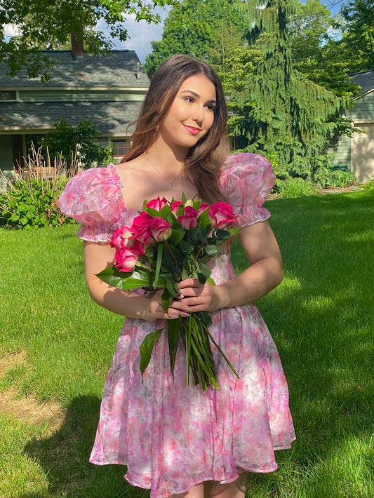 Vestido de fiesta corto de gasa con cuello cuadrado y estampado floral rosa para octavo grado, vestido de cóctel para secundaria, trajes Hoco DH1572
