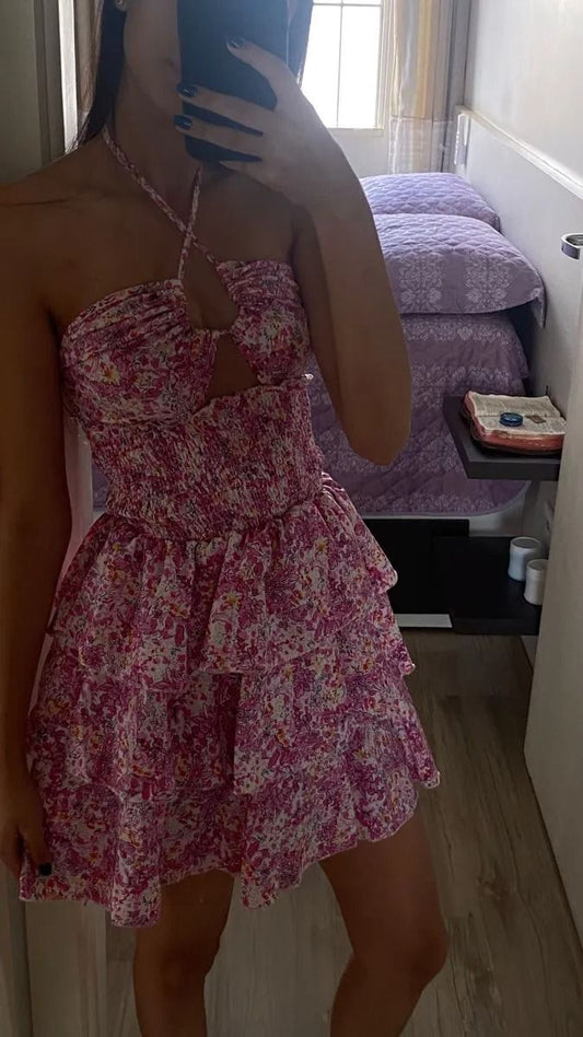 Cute A Line Halter Pink Floral Chiffon Short Mini Formal 8th Grade Homecoming Dresses Middle School Cocktail Night Dress Hoco Outfits DH1579