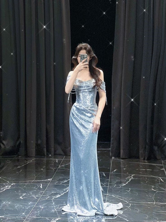 Elegante vestido de fiesta de sirena con hombros descubiertos y lentejuelas plateadas, vestido de fiesta de verano para 22 cumpleaños, vestidos para 18 cumpleaños DH1580