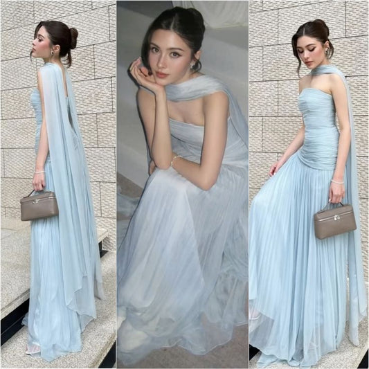 Elegante vestido de fiesta de tul azul cielo claro sin tirantes, corte A, para verano, para 22 cumpleaños y 18 años, DH1581