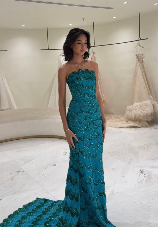 Elegante vestido de fiesta azul con lentejuelas y corte entallado, sin tirantes, para verano, para 22 cumpleaños y 18 años, DH1584