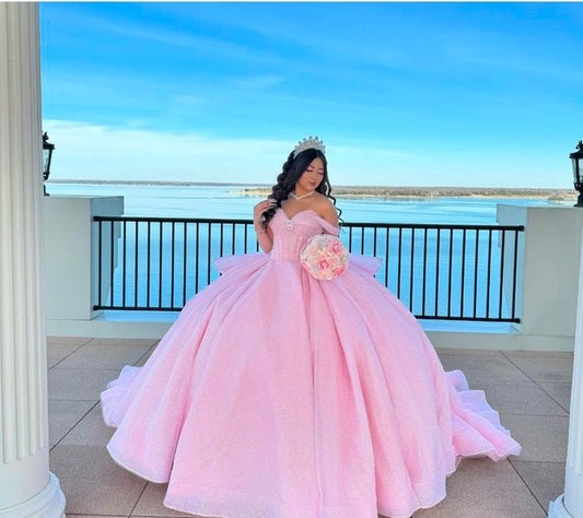 Hermoso vestido de quinceañera largo de tul rosa con hombros descubiertos, vestido formal de 15 años, vestido de dulces 16 DH1841