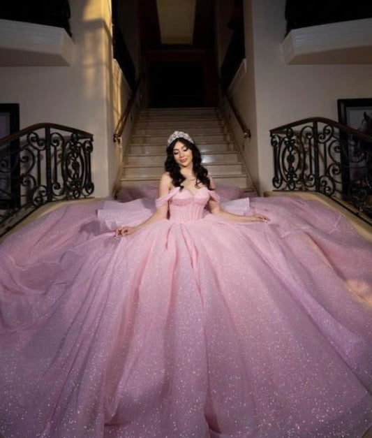 Hermoso vestido de quinceañera largo de tul rosa con hombros descubiertos, vestido formal de 15 años, vestido de dulces 16 DH1843