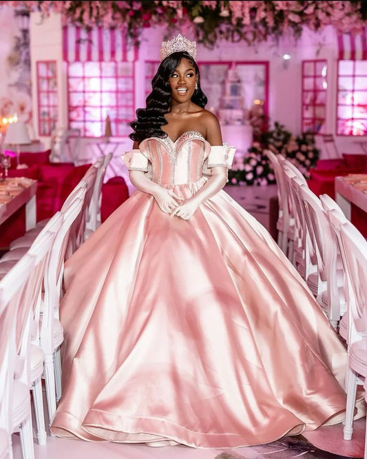 Hermoso vestido de quinceañera largo de satén rosa con escote corazón, vestido formal de 15 años, vestido de dulces 16 DH1845