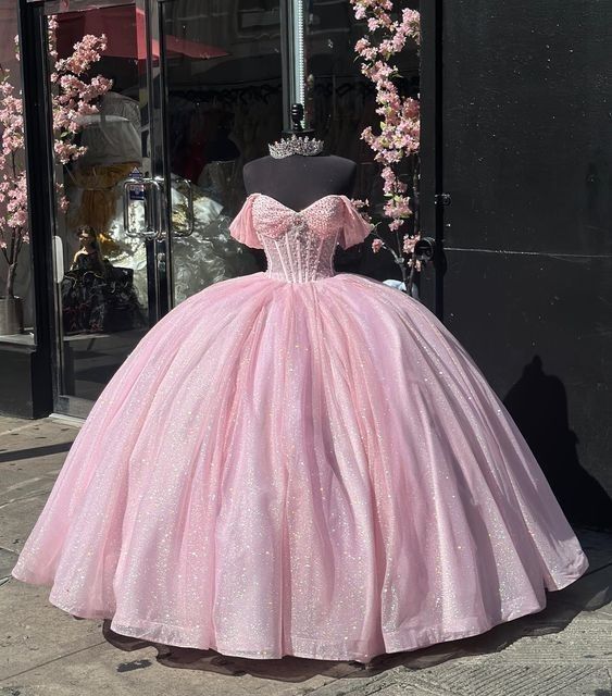Vestido de quinceañera largo de tul rosa con hombros descubiertos, estilo princesa, para 15 años, DH1856