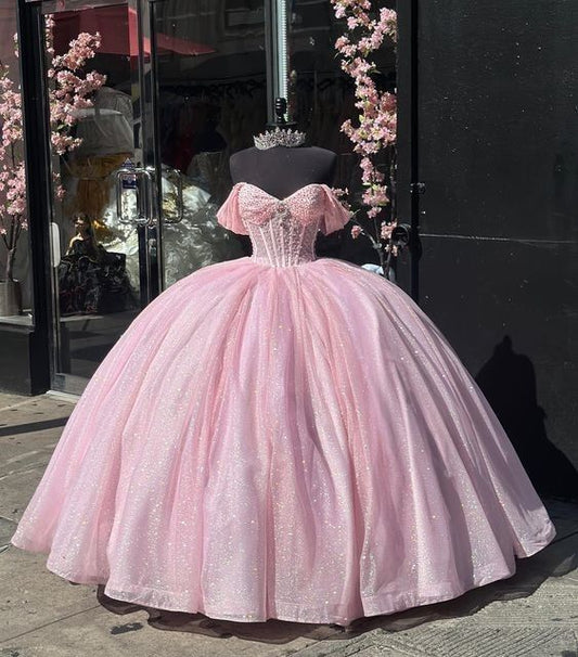 Vestido de quinceañera largo de tul rosa con hombros descubiertos, modesto, para 15 años, dulce 16, DH1846
