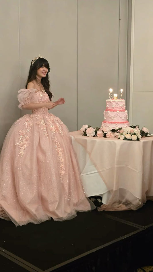 Vestido de quinceañera largo con hombros descubiertos, tul rosa ruborizado y encaje, vestido formal de 15 años, vestido de dulce 16 DH1847