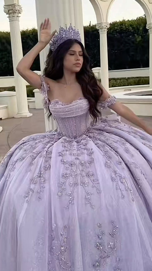 Vestido de quinceañera largo de tul con encaje lila y hombros descubiertos, vestido formal de 15 años, vestido de quinceañera DH1849