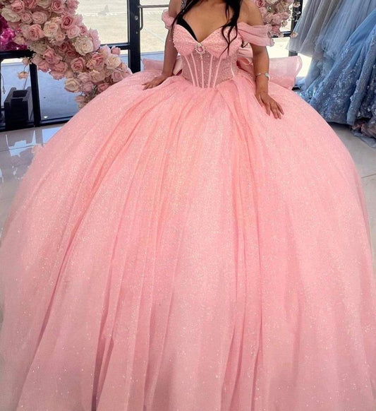 Vestido de quinceañera largo de tul rosa con hombros descubiertos, modesto, para 15 años, dulce 16, DH1850